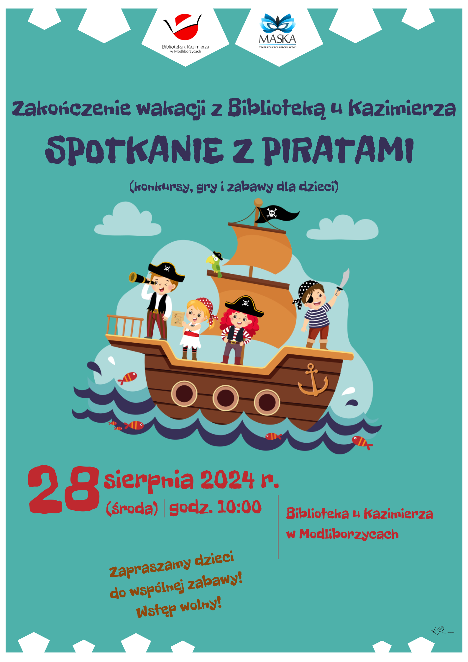 ? Wakacje dobiegają końca, a wraz z nimi nasze Kreatywne Środy! Na zakończenie naszych wakacyjnych spotkań przygotowaliśmy dla dzieci prawdziwą piracką przygodę! ?☠️ Już w środę, 28 sierpnia 2024 r. o godz. 10:00, zapraszamy wszystkich młodych odkrywców do wspólnej zabawy z piratami z Teatru Maska z Krakowa! Czekają na Was gry, zabawy, konkursy, a przede wszystkim mnóstwo śmiechu i radości! ? Spotkanie z piratami odbędzie się w Bibliotece u Kazimierza. Wstęp wolny! ? Przyjdźcie i bawcie się z nami! Serdecznie zapraszamy! ?☠️? ?