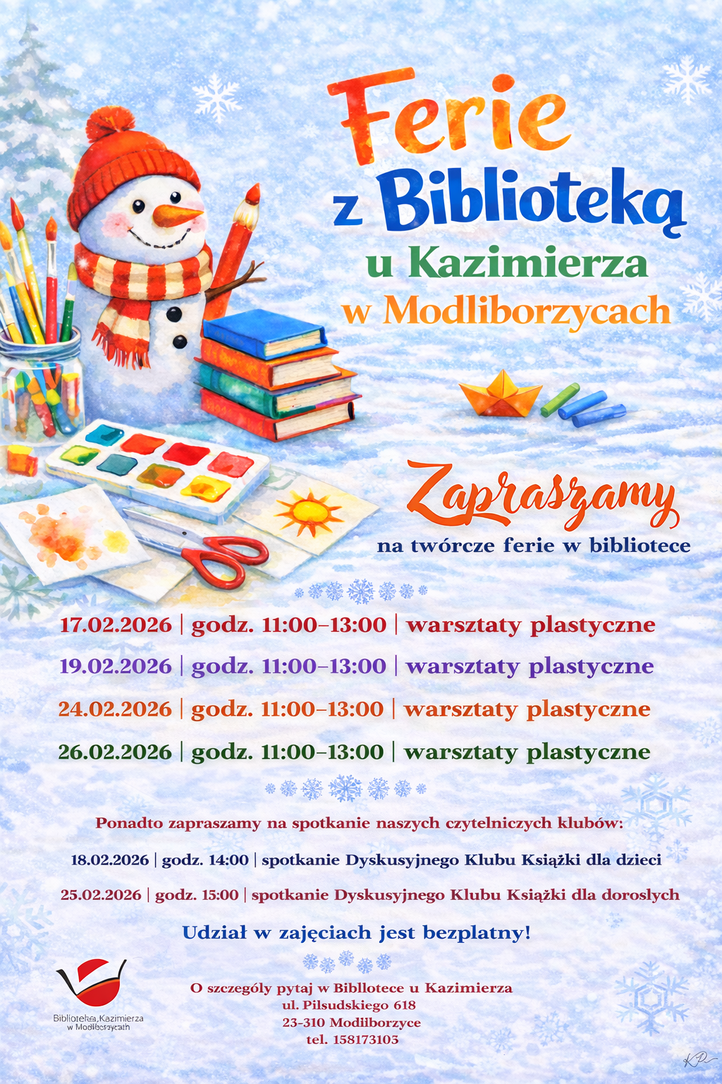 Ferie z biblioteką, zaprosznei na zajęcia plastyczne