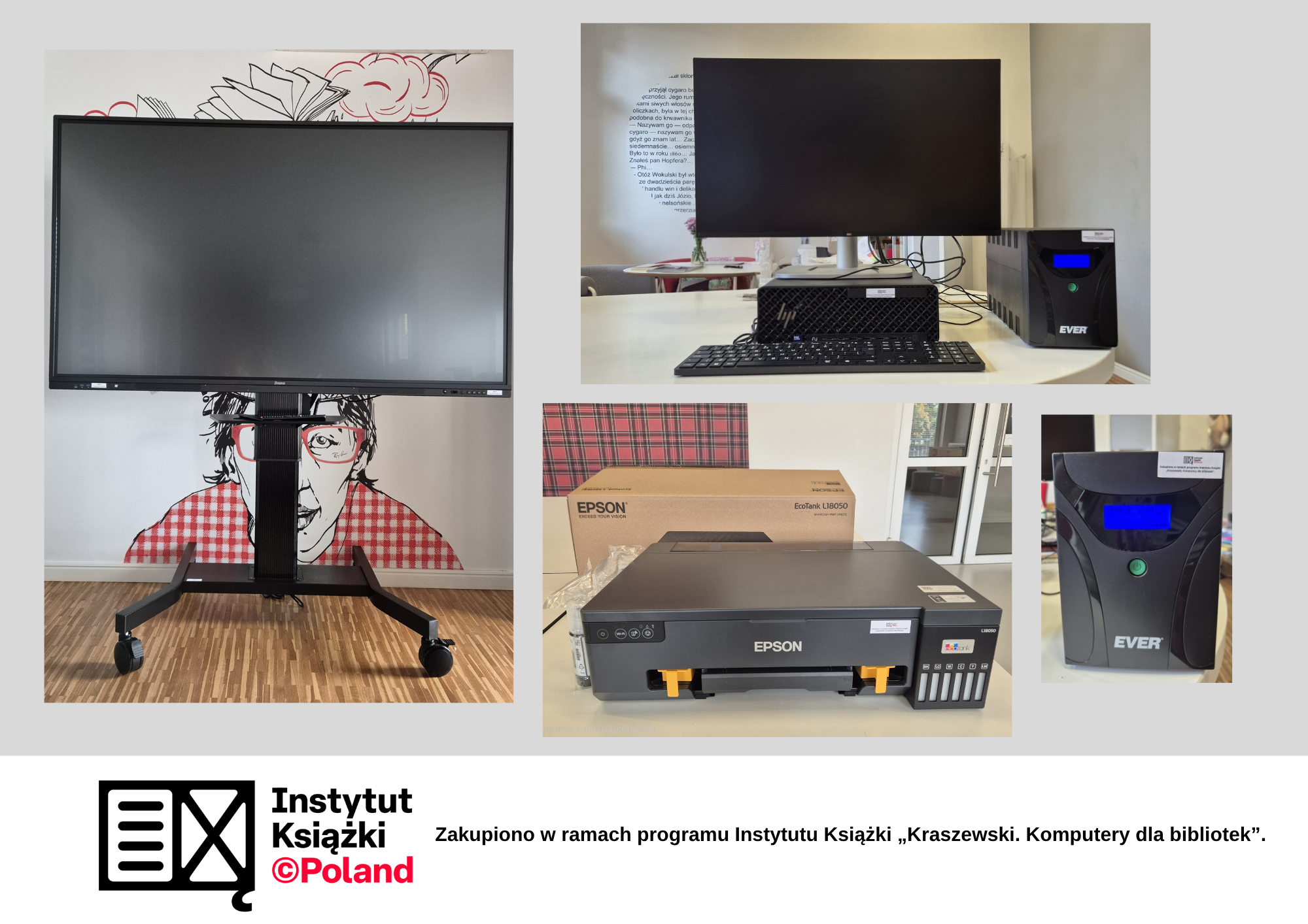 Miło nam poinformować, że Biblioteka u Kazimierza w Modliborzycach jest beneficjentem Programu Instytutu Książki „Kraszewski. Komputery dla bibliotek”. Celem programu jest zapewnienie zrównoważonego dostępu do nowoczesnych technologii i wyrównanie szans mieszkańców miejscowości w gminach o najniższych dochodach podatkowych na jednego mieszkańca poprzez wyposażenie bibliotek w tych gminach w nowoczesny sprzęt komputerowy.  W ramach zadania zakupiono:  1)	Monitor HP Inc. Monitor 27  2)	Stacja robocza HP Inc. 3)	UPS – zasilacz awaryjny 4)	Drukarka atramentowa A3 5)	Oprogramowanie biurowe – Microsoft Office 6)	Oprogramowanie graficzne – CorelDRAW Edycja 2025 7)	Monitor interaktywny IIYAMA 75 cali 8)	Stojak do monitora interaktywnego IIYAMA  Koszt ogółem zadania wynosił 30 000 zł, z tego 25 500 zł dofinansowania z Instytutu Książki.