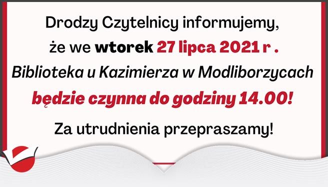 27 lipca biblioteka czynna do 14.00!!