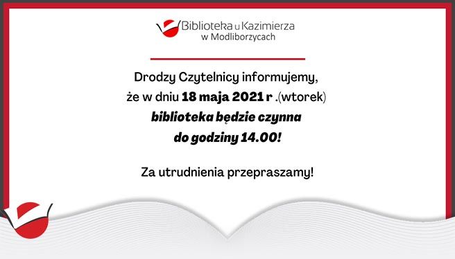 Jutro biblioteka czynna do 14.00!